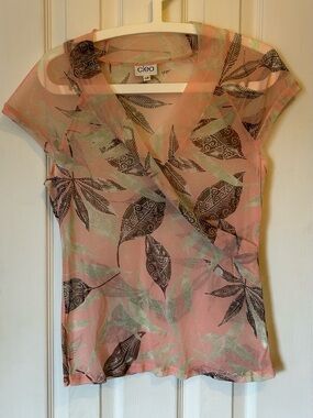 Cleo Pink Floral Leaf Surplice Women's Top in sheer mesh fabric - Large